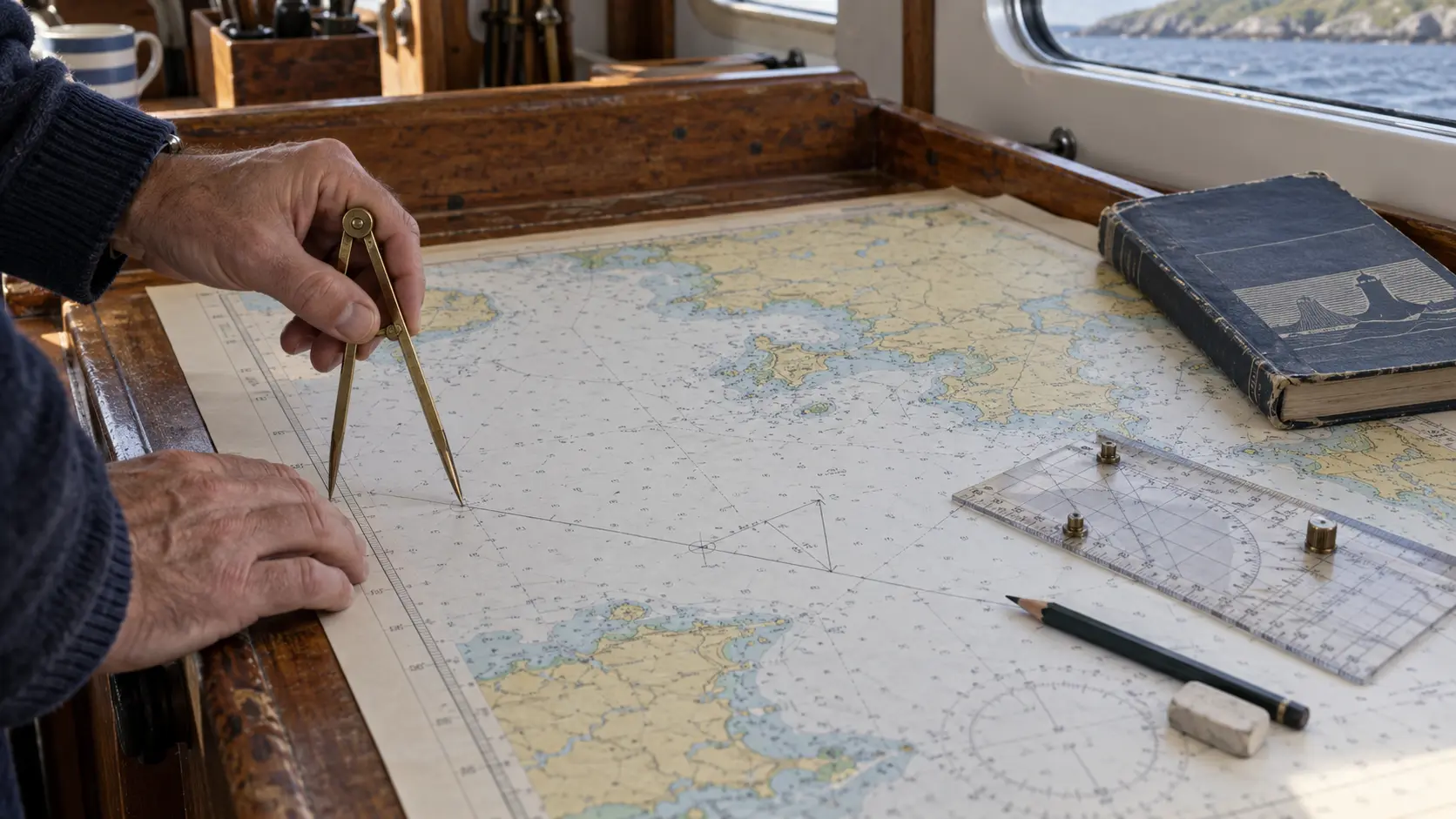 Plotting a course on a paper nautical chart with dividers